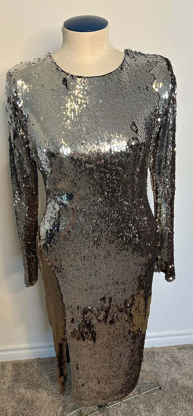 Dress The Population Maxi Dress Size XL Silver Black Sequin Long Sleeve
